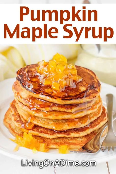 This pumpkin maple syrup recipe makes a tasty syrup perfect for adding the delicious flavor of fall! With the perfect blend of maple syrup, pumpkin pie spice, and real pumpkin, it makes an ideal topping for pumpkin pancakes. For a subtle touch of fall, drizzle it over regular pancakes too! Pumpkin Syrup For Pancakes, Pumpkin Latte Recipe, Syrup For Pancakes, Easy Pumpkin Recipes, Maple Syrup Recipe, Pancake Syrup Recipe, Best Pumpkin Recipes, Easy Pumpkin Bars, Maple Syrup Recipes