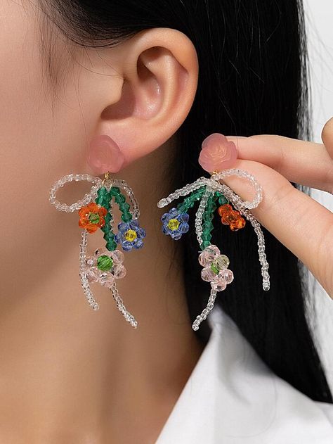 1pair Fashionable Copper Beaded Bow & Flower Decor Drop Earrings For Women For Daily Decoration | SHEIN USA Anting Manik, Beaded Bow, Seed Bead Crafts, Beaded Earrings Diy, Bead Charms Diy, Easy Diy Jewelry, Handmade Jewelry Tutorials, Handmade Fashion Jewelry, Earring Tutorial