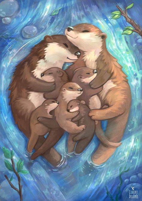 Otter Family, Otter Art, 동화 삽화, Cute Animal Illustration, Tapeta Galaxie, Cute Animal Drawings Kawaii, Dessin Adorable, Cute Animal Drawings, Otters