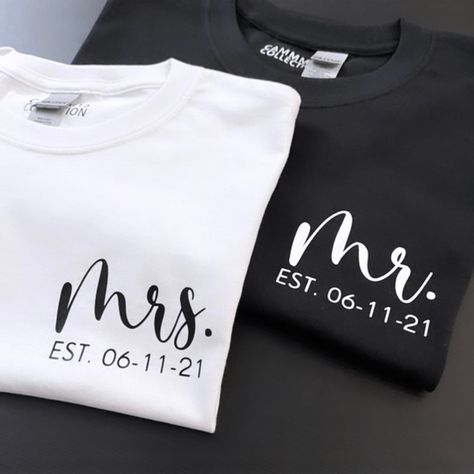 Handmade design t-shirts for couples. This bundle includes 2x T-shirts.  * All t-shirts are UNISEX ADULT sizes (small - xx-large) * All t-shirts are cotton/poly material Couples tshirts comes in black and white. Black for Mr. and White for Mrs. Care instructions: Wash with cold water and air dry only.  Check out my Instagram and TikTok page @cammyscollection SHIPPING NOTICE: Please note, with more people shopping online during this pandemic and while maintaining important safety measures with Canada Post, customers may experience delays with the estimated delivery times. If you have any questions, please do not hesitate to message me.  I look forward to making your customized t-shirts! - Cammy Mr And Mrs T Shirts Couple, Husband And Wife Tshirt, Husband And Wife T Shirts, Couple Tshirts Unique Wedding, Together Since Shirts Couple, Mr And Mrs Shirts Ideas, Just Married Tshirts Couple, Honeymoon Cruise Shirts, Couples Tshirt Ideas