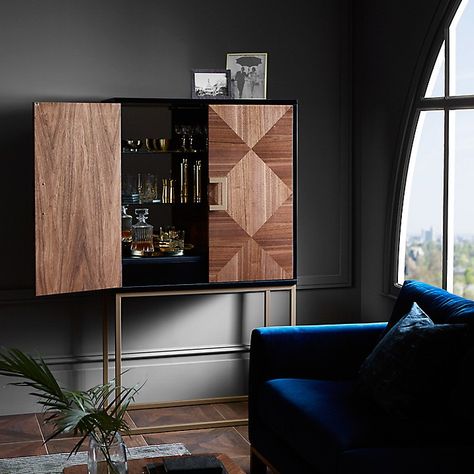 These Home Cocktail Bar Ideas Are Perfect For The Party Season Modern Bar Cabinet, Blue Couch, Modern Home Bar, Home Cocktail Bar, Cocktail Cabinet, Bar Cart Decor, Living Room Bar, Drinks Cabinet, Living Room Cabinets