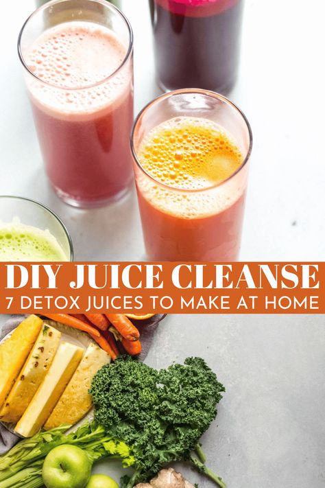 These 7 Healthy Juicing Recipes will help boost your energy, detox your body and aid with weight loss. // juice fast // juice recipes // diy juice cleanse // detox juices Clean Juice Smoothie Recipes, 7 Days Juice Cleanse Recipes, Easy Juice Cleanse 3 Day, Juicing Detox Cleanse 3 Day, Detox Juices For A Week, 3 Day Juice Cleanse Plan, Detox Juice Cleanse Recipes, 5 Day Juice Cleanse Recipes, Detox Juicing Recipes