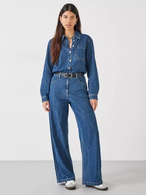 Full Denim Outfit, Spring Trends Outfits, Jumpsuit Outfits, Denim Essentials, Suede Fringe Jacket, Fitted Jumpsuit, Double Denim, Long Jeans, Denim Jumpsuit