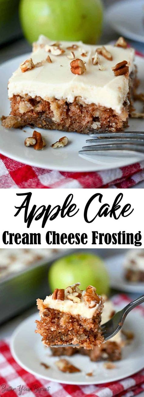 Cream Cheese Frosting With Pecans, Apple Cake Recipe Cream Cheese Frosting, Apple Cake Recipe With Cream Cheese Frosting, Apple Cake Cream Cheese Frosting, Apple Bars With Cream Cheese Frosting, Apple Cake Frosting, Cream Cheese Apple Cake, Apple And Cream Cheese Recipes, Cream Cheese Frosting Desserts