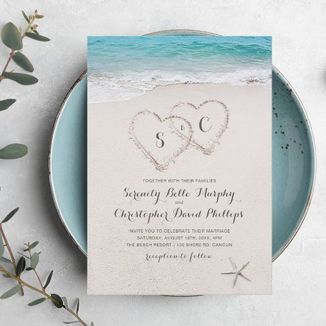 Hearts in the sand destination beach wedding invitation Beach Wedding Invitation, Mexican Wedding Dress, Destination Beach Wedding, Summer Beach Wedding, Monogram Wedding Invitations, Wedding Anniversary Invitations, Winter Wedding Invitations, Beach Background, Beach Destination Wedding