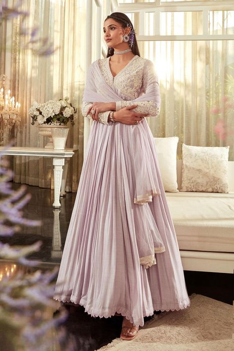 Buy #lilac ruched #anarkali with beaded #embroidered bodice & sleeves. Comes with sheer #dupatta by #RidhiMehra at #AzaFashions Shop online now at #Azafashions.com Call +91 8291990059 or email contactus@azafashions.com for enquiries. #wedding #festive #ethnic #tradional #shopping #shoponline #party #reception #bride Net Anarkali Dresses, Purple Anarkali, Ridhi Mehra, Long Anarkali, Embroidered Anarkali, Ruffle Saree, Embroidered Crop Tops, Embroidered Bodice, Net Dupatta