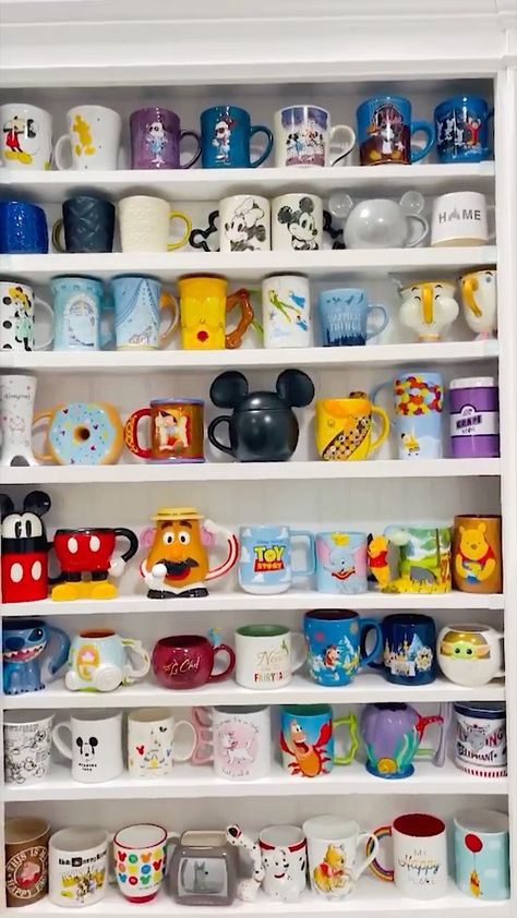 Disney Mug Collection, Mug Collection Aesthetic, Disney Mugs Display, Disney Mugs Collection, Disney Collection Display, Icarly Bedroom, Mug Collection Display, Disney Apartment, Disney At Home