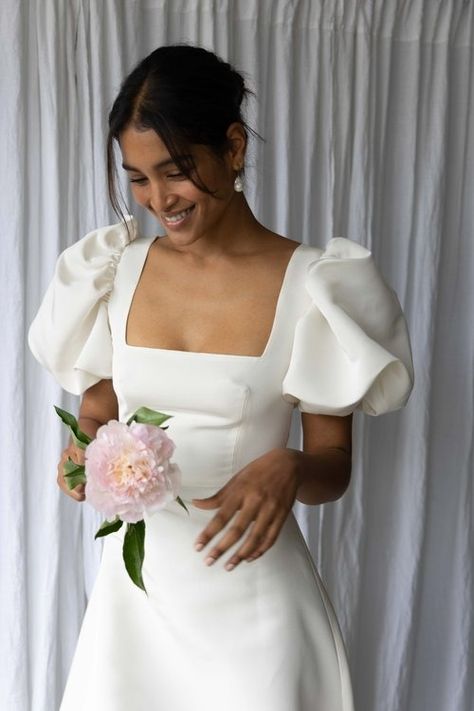 Clover London — The Briderie Square Neck Wedding Dresses Long Sleeve, Square Neck Puff Sleeve Wedding Dress, Simple Wedding Dress With Sleeves Classy, Square Neck Wedding Dress With Sleeves, Civil Wedding Dress Civil Wedding Dress Classy, Simple Wedding Dress Courthouse, Silk Wedding Dresses, Square Neck Wedding Dress, Silk Gowns