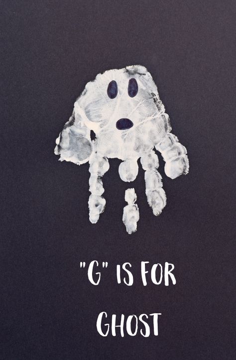 Letter G "Ghost" Handprint Art for Preschoolers October Craft For Preschool, White Crafts For Preschoolers, Letter H Halloween Crafts For Preschoolers, Black Preschool Crafts, A Is For Craft Handprint, F Is For Handprint Craft, October Craft Preschool, G Is For Handprint Craft, G Projects For Preschool