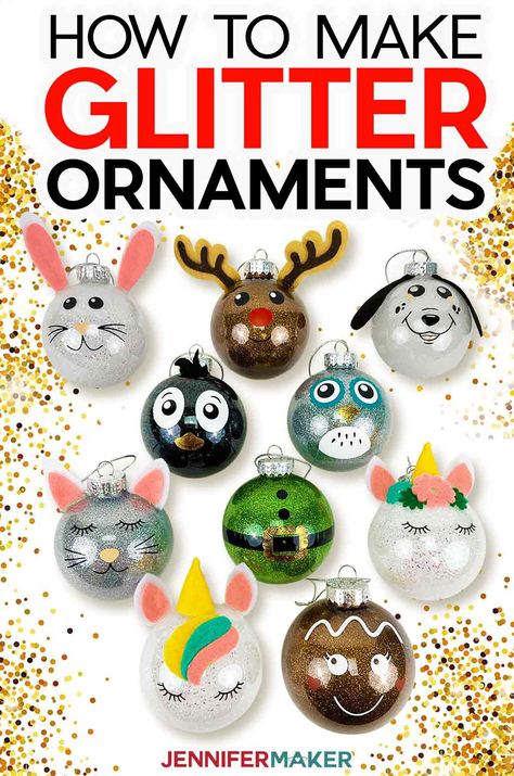 Diy Christmas Glitter Ornaments Glass Ball, Unicorn Glitter Ornament Diy, Diy Christmas Ornaments Glitter Balls, Glitter Snowman Ornaments Diy, Glitter Ornaments Cricut, Diy Animal Christmas Ornaments, Handmade Ornaments Diy Kids, Cricut Glitter Ornaments, Cute Ornaments Diy