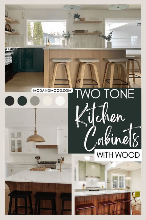 Stylish Two Tone Kitchen Ideas Featuring Wood Cabinets - Mod & Mood Kitchen Wood And Color Cabinets, Kitchen Island Two Tone, Painted Lower Cabinets Wood Upper, White And Stained Kitchen Cabinets, Wood And Painted Kitchen Cabinets, 3 Tone Kitchen Cabinets, White Uppers Wood Lowers, Blue And Wood, Two Toned Kitchen Cabinets