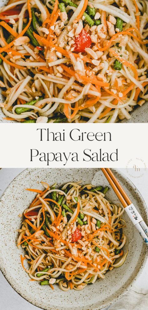 Thai Green Papaya Salad – Som Tum – is a popular Thai salad with crunchy green papaya, peanuts, and a tangy sweet-sour dressing! Learn how to make it with lots of step-by-step pictures. Asian Papaya Salad, Vietnamese Papaya Salad, Som Tom Salad, Green Papaya Salad Thai, Green Papaya Recipes, Papaya Recipes Healthy, Thai Green Papaya Salad Recipe, Papaya Salad Thai, Spicy Papaya Salad