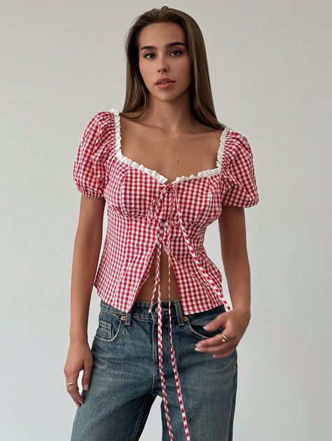 New Stylish Bow-Tie Plaid Printed Square Collar Lace Decor Fitted Blouse Red Casual  Short Sleeve Polyester Colorblock,Gingham,Plaid Top Non-Stretch  Women Clothing, size features are:Bust: ,Length: ,Sleeve Length: Bow Tops For Women, Red Gingham Outfit, Bow Top Outfit, Bow Tops Outfit, Bow Blouse Outfit, Gingham Top Outfit, Gingham Shirt Outfit, Red Gingham Top, Gingham Outfit