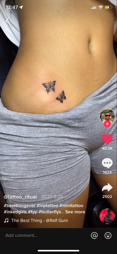 Lower Back Tattoos Butterflies, Butterflies Hip Tattoo, Tattoos Women Stomach, Lower Hip Tattoos Women, Butterflies On Stomach Tattoo, Women Lower Back Tattoos, Hip Butterfly Tattoo, Tattoo Ideas Lower Back, Lower Abdomen Tattoo