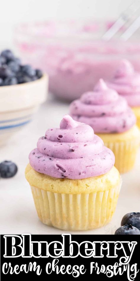 Blueberry Frosting Recipe, Blueberry Cream Cheese Frosting, Blueberry Reduction, Blueberry Frosting, Lemon Blueberry Cupcakes, Cream Cheese Cupcakes, Cheese Frosting Recipe, Blueberry Cupcakes, Lemon Blueberry Bread