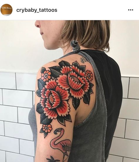 Front Shoulder Tattoo, Front Shoulder Tattoos, Shoulder Tattoo Ideas, Tattooed Lady, Interesting Tattoos, Boys With Tattoos, Traditional Tattoo Inspiration, Kelly Smith, Traditional Tattoo Flowers