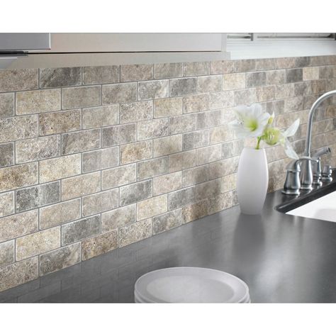 Kitchen Tiles Backsplash With Grey Cabinets, Ivory Travertine Backsplash, Kitchen Backsplash With Tan Cabinets, Farmstyle Backsplash, Beige Kitchen Backsplash Ideas, Stacked Stone Backsplash Kitchen, Kitchen Subway Tile Backsplash Ideas, Exposed Brick Backsplash, Vertical Subway Tile Backsplash