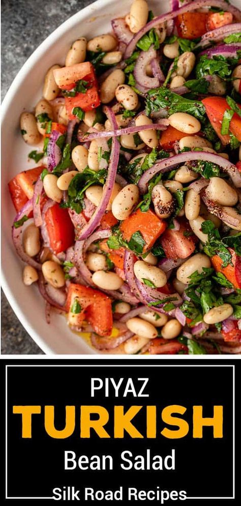 Piyaz (Turkish Navy Bean Salad) - Silk Road Recipes Turkish Salad Recipes, Turkish Salad, Middle East Recipes, White Bean Salad, Bean Salad Recipes, Navy Bean, Meatless Main Dishes, Mediterranean Diet Recipes, Bean Salad