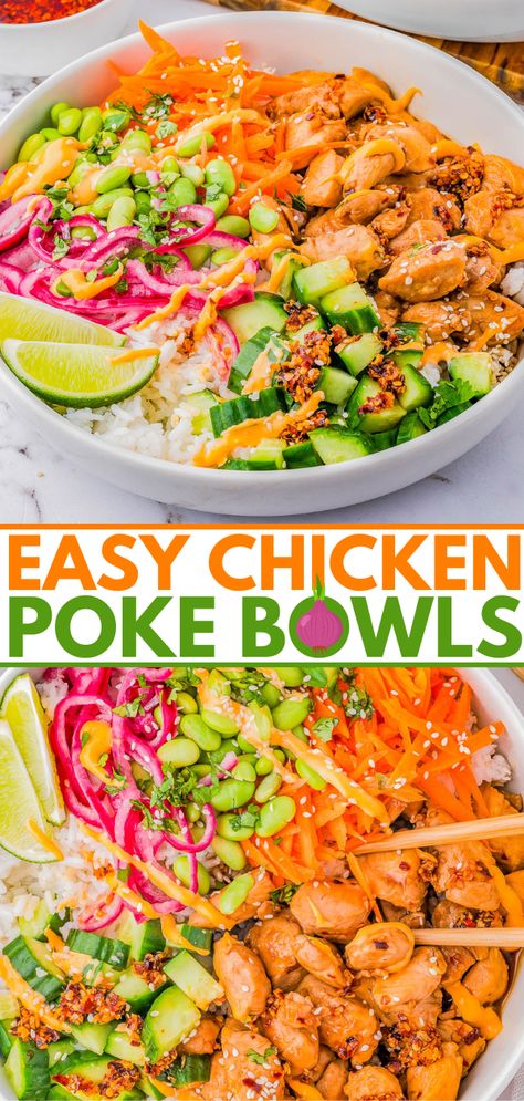 30-Minute Chicken Poke Bowls — 🥕🍋‍🟩🌺🍗Fragrant jasmine rice is topped with juicy pieces of chicken coated in a SWEET and TANGY sauce! A mixture of fresh herbs and veggies on top adds tons of crunch and texture! This FAST and EASY recipe is perfect for meal prep, a satisfying lunch, and busy weeknight dinners! If you're tired of eating bowls of salads, make these poke bowls instead! Minute Chicken, Poke Bowl Recipe, Averie Cooks, Poke Bowls, Food Bowls, Bowl Food, Chicken Bowl, Fast Easy Meals, Poke Bowl