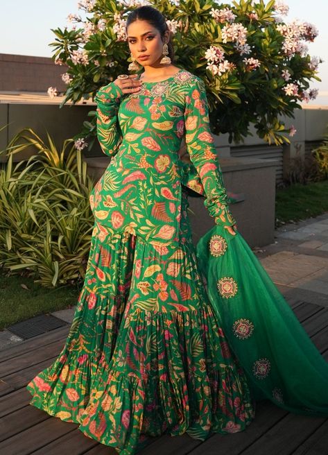 Pine Green Floral Kurta Gharara Set Label PS'B - Fabilicious Fashion Floral Gharara, Floral Sharara Suit, Indowestern Outfits Women, Garara Designs, Garara Dress, Gharara Designs, Anarkali Designs, Party Wear Frocks, Haldi Outfits