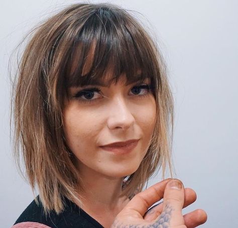 Bangs Lob Haircut Straight Bangs, Shoulder Length Hair Bangs Straight, Short Hair And Bangs Straight, Hair Styles Bangs Short, Short Bob With Bangs Balayage, Short Hairstyle Women Bangs Straight, Soft Shag Haircut Short Straight, Bottleneck Bangs Bob, Short Straight Haircuts With Bangs