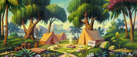 Backgrounds for Atlantis game on Behance Cartoon Concept Art, Festival Campsite, Camping Landscape, Camp Ground, Corporate Interior Design, Apartments In Dubai, Big River, Corporate Interiors, Game Background