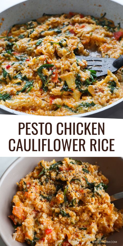 15-Minute Pesto Chicken Cauliflower Rice Recipe | Low Carb Dinner Idea - Her Highness, Hungry Me Healthy Dinner Recipes With Cauliflower, Healthy Carbless Dinner Recipes, Pesto Low Carb Recipes, Low Carb Pesto Meals, Easy Protein And Veggie Meals, All Protein No Carb Meals, Healthy Meals With Cauliflower, Healthy No Carb Dinner, High Protein Keto Dinner