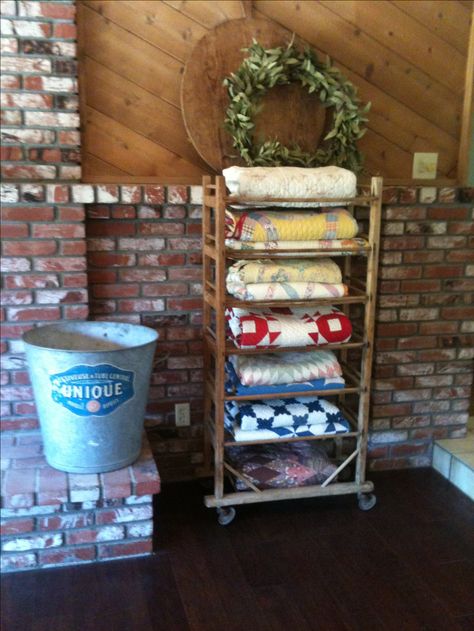 Antique wooden shoe rack~loaded with my Antique French and American Quilts Quilt Stands Wooden, Quilt Display Ideas, Display Quilts, Quilt Racks, Quilt Hanging, Wooden Shoe Rack, Quilt Ladder, Quilt Room, Quilt Hangers