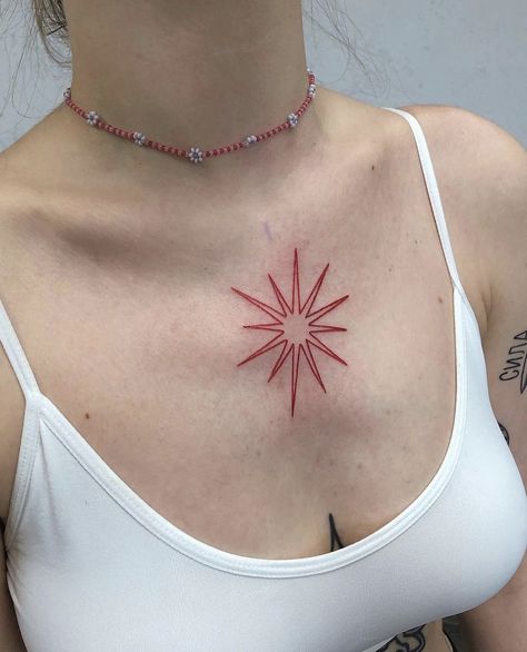 Large Star Tattoo, Red Tattoo Leg, 8 Point Star Tattoo, Colorful Star Tattoos, Traditional Tattoo Star, Star Tattoo On Neck, Red Circle Tattoo, Red Chest Tattoo, Star Chest Tattoo