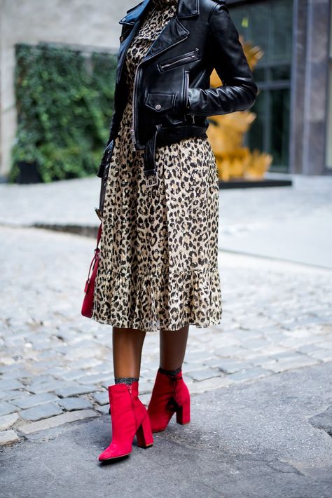 leopard dress, leather jacket and fuchsia ankle boots Outfits With Animal Print Boots, Pattern Boots Outfit, Business Casual Leather Jacket Work Outfits, Leopard Dress Outfit Fall, Leopard Print And Red Outfits, Leopard Dress Outfit Winter, Skirt With Boots Fall, Red And Leopard Outfit, Animal Print Dress Outfit