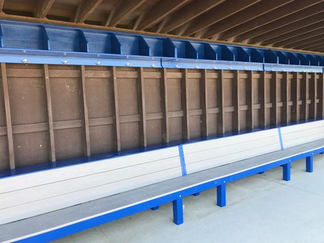 Dugout storage for individual players. Geary rack can have between 5 & 8 cubbies with a handy double coat hook below each. Painted in teams color it comes fully assembled and includes wall mounting hardware. Softball Dugout Organization, Dugout Organization, Softball Dugout, Baseball Dugout, Slow Pitch Softball, Baseball Helmet, Bench Storage, Sports Games, Wall Mounting