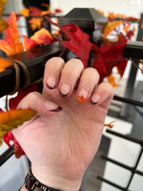 These are a fall inspired French tip. They are dark brown frenchies with a ring finger accent of a pumpkin. They are short almond shape. Fall Acrylic Nails Autumn Coffin Short, French Tips Fall Colors, Thanksgiving Nails Short Almond, Fall Nails For Short Nails Easy, Fall Vibe Nails Short, Fall Almond Nails Pumpkin, Fall Nails Ideas Halloween, Simple Fall Nails Autumn French Tip, Simple Fall Nails Short Acrylic