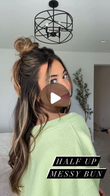 MADISON QUINN on Instagram: "this half up messy bun is my go-to for the easiest, fastest hairstyle and especially good for second & third day hair 👏🏽

#hairtutorital #halfup #hairstyle #halfuphairstyle #hairinspo #messybun #easyhairstyle #simplehairstyle #hairspo" Half Hair Bun Top Knot, Cute Half Up Bun Hairstyles, Easy Half Up Bun Hairstyles, Simple Half Up Half Down Hairstyles Bun, Second Day Short Hairstyles, Half Up Hair For Medium Length, Half Hair Bun Hairstyles, Small Space Buns Half Up, Half Up Half Down Claw Clip Bun