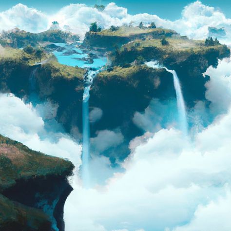 Sky Island Aesthetic, Fantasy Sky Island, Tears Of The Kingdom Sky Islands, Sky Kingdom Aesthetic, Floating Land Fantasy Art, Water World Fantasy Art, Floating Island Landscape, Zelda Totk Sky Island, Sky Kingdom Fantasy Art