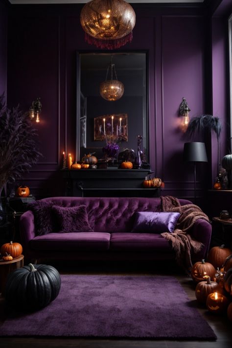 Surrender to the allure of an enchanted evening retreat, where Halloween wall decor intertwines with opulence in this lavish purple living room. Sumptuous velvet seating, rich like royal robes, summons you to recline amidst the whispers of the night. Overhead, an ornate, spherical chandelier bathes the room in a golden, spellbinding glow. The grand mirror, framed in black, reflects the flickering lights and seems to peer into your soul. Halloween wall art adorns the purple paneled walls Purple Fall Table Decor, Pumpkin Living Room, Living Room Autumn Colors, Purple Sofa Decor, Purple Autumn Decor, Earthy Home Decor Ideas, Dark Autumn Decor, Candle Display Ideas Living Rooms, Orange And Purple Room