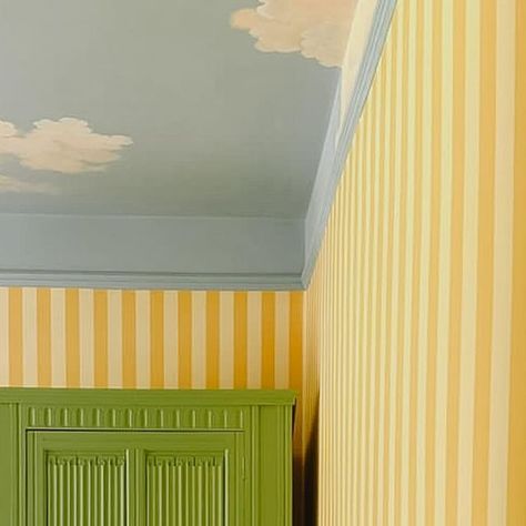 Striped Wallpaper On Ceiling, Yellow Ceiling Nursery, Stripes Painted On Walls, Stripes On Ceiling, Cute Nursery Decor, Striped Wall Nursery, Yellow Striped Wall, Scallop Interior Design, Colours Of Arley