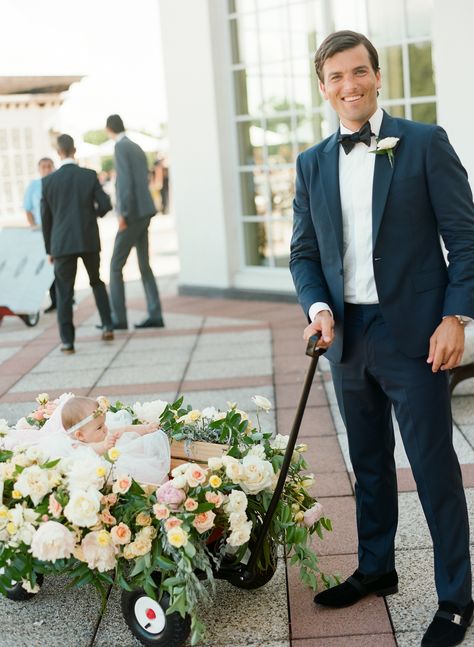 Wagons For Weddings, Baby Ring Bearer Ideas, Baby Flower Girl Wagon, Baby At Wedding, Wedding Wagons, Wedding With Baby, Newborn Flower Girl, Flower Girl Wagon