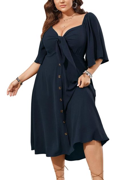 PRICES MAY VARY. Material: This plus size summer dresses is made in lightweight and skin-touch, soft and flowy texture fabric. It's a great choice to be one of your summer dress collection Design: This plus size dresses for curvy women is in tie front deep v neck design, which's good for shaping your figure and showing a deep v-neckline in a charming look, the short bell sleeve is perfect to embellish your arm, back smocked dress is comfortable to fit your curves, and the button down decorates t Plus Size Big Stomach Outfit, Dresses For Fuller Figured Women, Summer Outfits For Big Belly Women, Dresses For Big Belly Women, Best Amazon Dresses For Women, Dresses For Rectangle Body Shape, Flattering Dresses For Plus Size, Plus Size Amazon Outfits, Cruise Outfits Plus Size