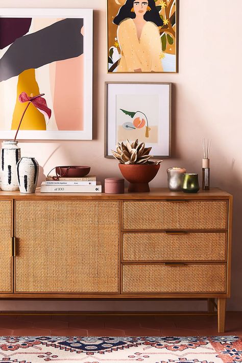 Wallace Cane and Oak Sideboard | Anthropologie Console Decor, Sideboard Styles, Sideboard Decor, Interior Desing, Rack Tv, Oak Sideboard, Sideboard Designs, Living Room Inspo, Buffet Table