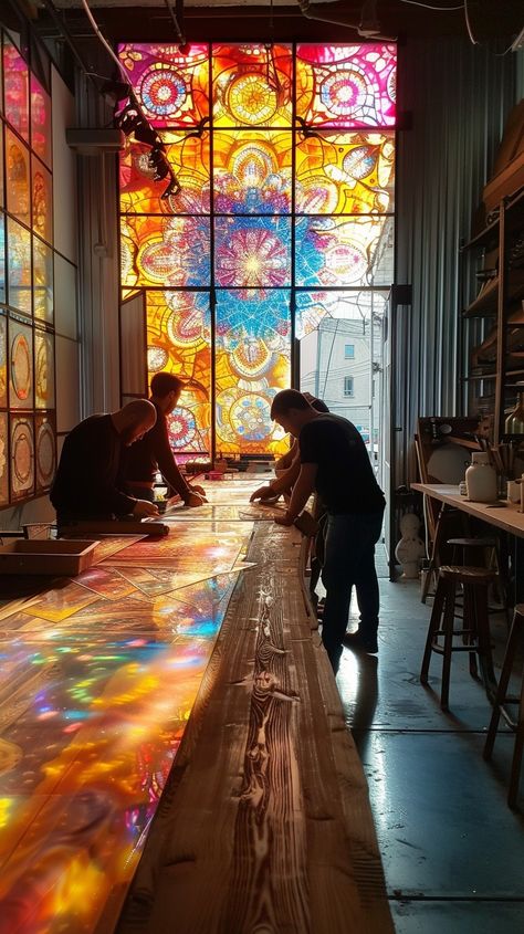 Stained Glass Glow: People gathering by a wooden table illuminated by the vibrant colors of a stained glass window. #stained #glass #window #colorful #artistic #people #gathering #wooden #aiart #aiphoto #stockcake https://ayr.app/l/JeGL Glass Blowing Studio, Stained Glass Artist, Stained Glass Reflection, Glass On Glass Mosaic Window, Fairy Apothecary, Stained Glass Bar, Tangled Design, Stained Glass Furniture, Stained Glass Garden Art