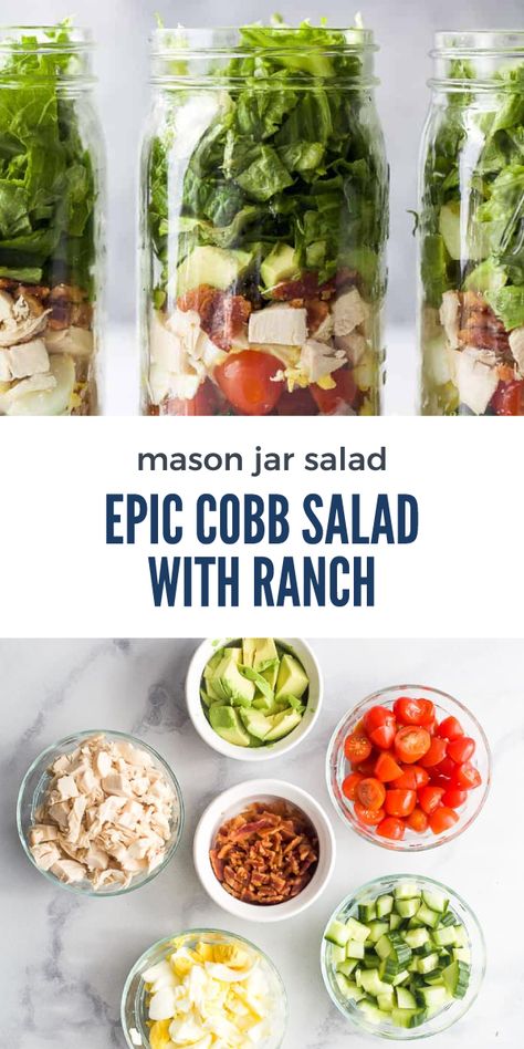 This epic Mason Jar Cobb salad recipe is perfect for meal prep. It's made with an easy yogurt based ranch dressing and filled with chicken, hardboiled egg, crispy bacon, tomato, cucumber and avocado. It will last in the fridge for 4-5 days. 7 Layer Salad In Mason Jar, Cob Salad Meal Prep, Cob Salad Mason Jar, Mason Jar Chef Salad, Easy Salad In A Jar Recipes, Salad Prep Jars, Cobb Salad In A Jar, Meal Prepping Salads, Mason Jar Smoothie Prep