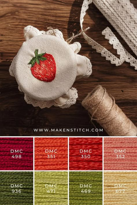 Strawberry Red Embroidery Color Palette Cute Embroidery Strawberry, Embroider Strawberry, Strawberry Embroidery Pattern, Strawberries Embroidery, Strawberry Sewing, Embroidery Color Palette, Food Embroidery, Embroidery Floss Crafts, Embroidered Strawberry