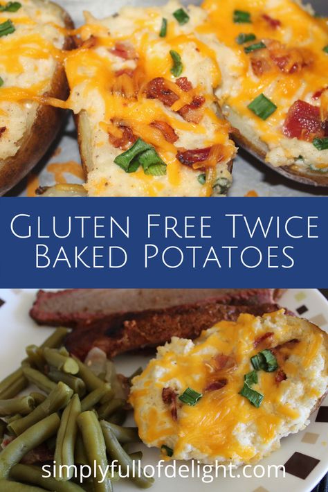 Gluten Free Twice Baked Potatoes, Gluten Free Potato Skins, Gluten Free Twice Baked Potato Casserole, Gluten Free Baked Potato, Gluten Free Potluck Ideas, Gluten Free Side Recipes, Recipe For Twice Baked Potatoes, Gluten Free Side Dishes, Gluten Free Potluck