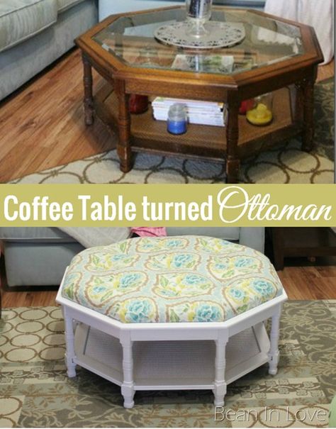 Turning a thrifted coffee table into a tufted ottoman - a detailed tutorial | Bean In Love Tufted Ottoman, Furniture Rehab, Refurbished Furniture, Glass Coffee Table, Redo Furniture, Flipping Furniture, Repurposed Furniture, Upcycled Furniture, Refinishing Furniture