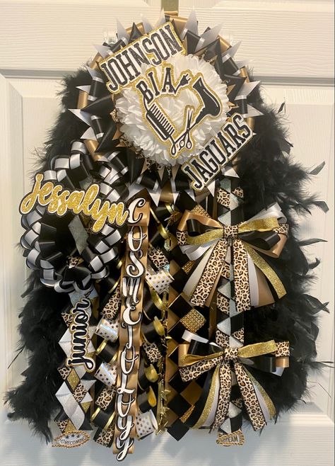 Black And Gold Mums For Homecoming, Black And Yellow Homecoming Mum, Black Gold And White Homecoming Mums, Jaguar Homecoming Mum, Leopard Print Homecoming Mum, Leopard Homecoming Mum, Highschool Life, Triple Homecoming Mum Backer, Garder Mum Homecoming