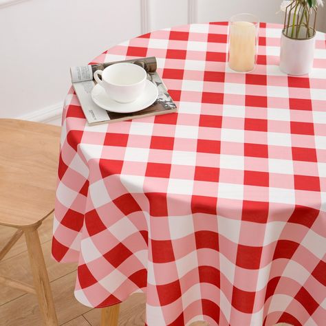 PRICES MAY VARY. Material: Made from 100% polyester fiber, this tablecloth features high-quality water-repellent fabric that is soft to the touch. With excellent wrinkle resistance, it maintains its shape without deformation or fading. Designed for long-term use, it protects your dining table from scratches and stains, ensuring durability. Size: 70 Inch waterproof Polyester Round Table Cloth is ideal for tables ranging from 46 to 58 inches in diameter with 6-12 inch drop lengths, accommodating 6 Red Gingham Table Setting, Spring Gingham, Round Table Cloth, Red And White Checkered, Holiday Kitchen Decor, Checkered Tablecloth, Christmas Festivities, Spring Red, Holiday Kitchen