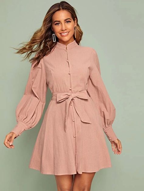 Bishop Sleeve Covered Button Belted Shirt Dress | SHEIN USA Stand Collar Dress, Halter Backless Dress, Sequin Cami Dress, Dresses Shein, Striped Tunic Dress, Backless Bodycon Dresses, Pink Mini Dress, Mesh Bodycon Dress, Trendy Fashion Tops