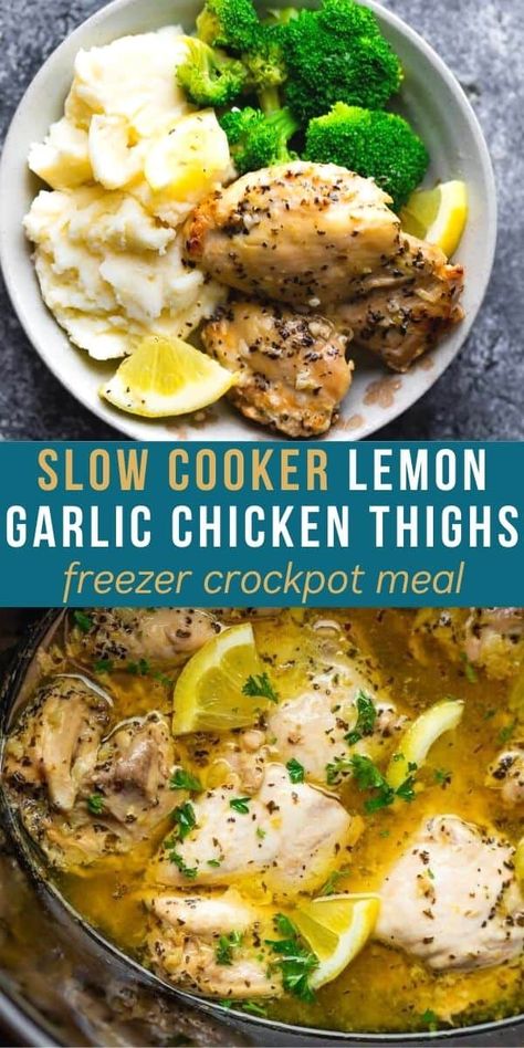 Slow Cooker Lemon Garlic Chicken, Mealprep Chicken, Frozen Chicken Crockpot, Slow Cooker Lemon Chicken, Lemon Garlic Chicken Thighs, Garlic Chicken Thighs, Crockpot Chicken Thighs, Saffron Recipes, Rice And Vegetables