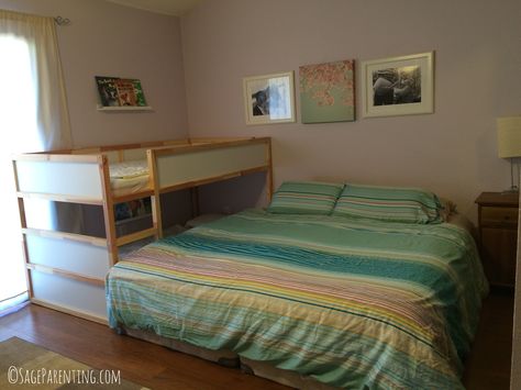 Our split level family bed. #Cosleeping Small Bedroom For Family Of 4, Split Level Bed, Co Sleeping Family Bedroom, Family Cosleeping Bedroom, Family Of 4 In One Bedroom, Co Sleeping Bedroom, Family Bedroom Cosleeping, Cosleeping Family Bed, Bedsharing Setup