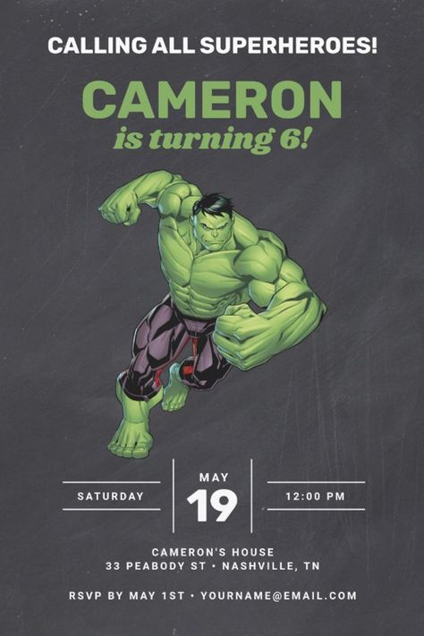 The Hulk Chalkboard Birthday Invitation
Invite all your family and friends to your child's Hulk themed Birthday with these awesome Chalkboard Birthday invites. Personalize by adding all your party details! Incredible Hulk Party, Hulk Birthday Cakes, Hulk Birthday Parties, Hulk Party, 1st Birthday Invitation Template, Hulk Birthday, Superhero Birthday Invitations, Chalkboard Birthday, Chalkboard Invitation